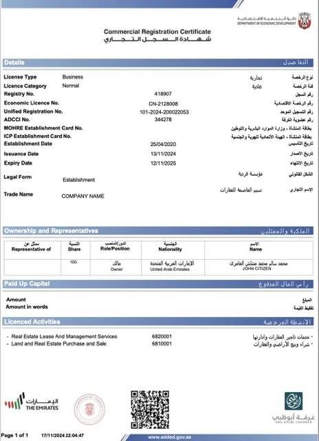 UAE Abu Dhabi commercial registration certificate Word and PDF template